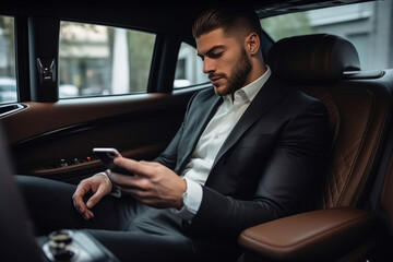Corporate Executive in Luxury Car Checking Phone