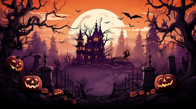 Halloween day card poster ghost pumpkin bat witch tomb castle, Generative AI