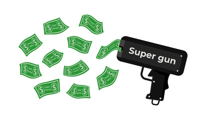 Cartoon money super gun with green money flying isolated, no background. Black toy gun for holiday games, parties or shows.