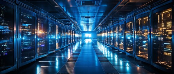rows of computers in a data centre.