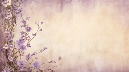 Many Small Beautiful Pink Flower Blossoms on Purple Pastel Background with Copy Space