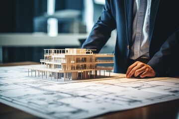 architect business man hands with dummy building and blue print of building
