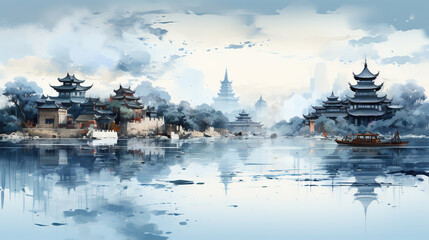 Ancient Architecture Style of Chinese City with Lake and Bridge White Background As Sketch Painting