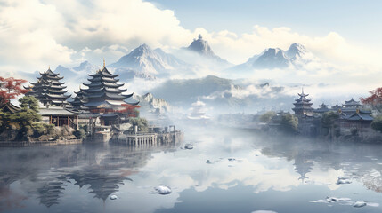 Fototapeta premium Ancient Architecture Style of Chinese City with Lake and Bridge White Background As Sketch Painting