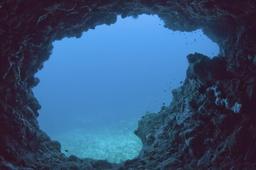 Underwater cave exit view from inside
