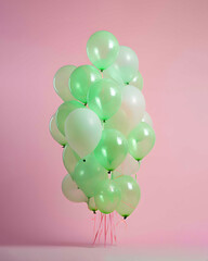 Mint green balloons against a pastel pink background, minimal aesthetic celebration concept.