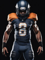 American Football Player dark blue and orange uniform on dark background