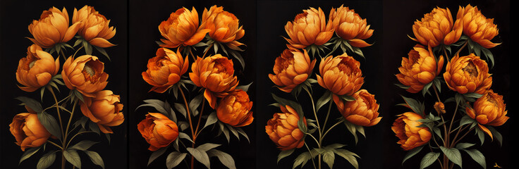 A set of four art compositions bouquets of dried orange flowers on a dark background