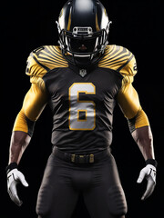 American Football Player black and yellow uniform on dark background