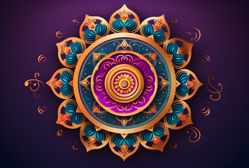 Greeting card for the Hindu festival of lights, Diwali; purple backdrop; circular pattern in brown and blue hues.