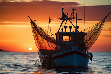 Silhouette of fishing boat at sunset