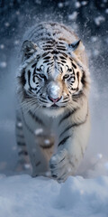 Obraz premium Large white Amur Siberian Tiger Bounds Through Deep Snow in Blizzard