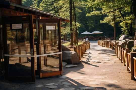 Behind trendy restaurant, wooden gate marked Employees Only opens to gravel path and woods leading downhill toward river