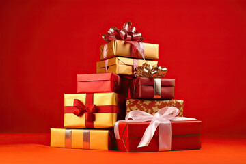 A large pile of Christmas gifts on a red background