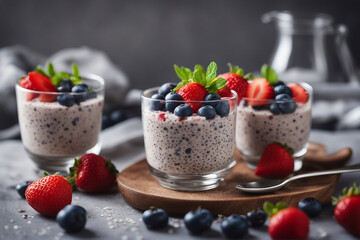 chia seeds pudding with blueberries and strawberries