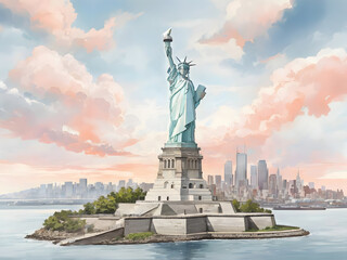 Fototapeta premium 水彩画背景_世界旅行_アメリカ_女神像_03