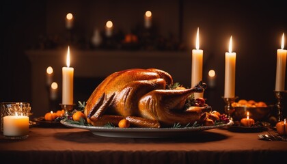 Thanksgiving dinner with turkey and candlelight. Thanksgiving Day holiday celebration