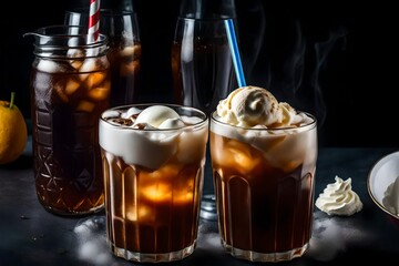 A root beer float with a scoop of vanilla ice cream and fizzy soda.