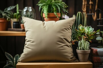 Interior elegance White square canvas pillow mockup in a stylish living room