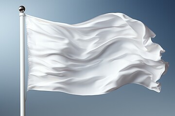 Isolated white flag on a flagpole, closeup shot, fluttering in the wind - obrazy, fototapety, plakaty