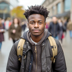 Young black refugee with backpack leaving European Study Center