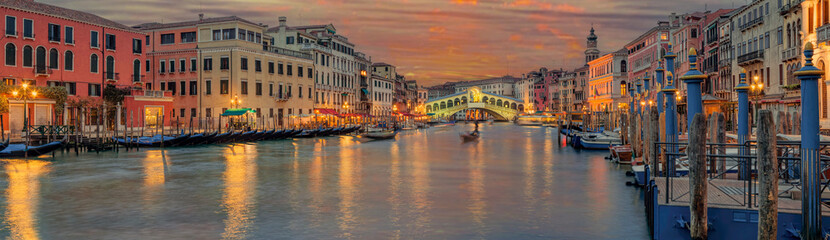 canale grande Venedig Rialto Brücke Abendrot Panorama - obrazy, fototapety, plakaty