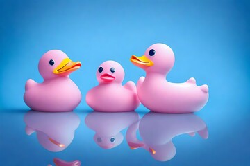 pink rubber ducks on blue background