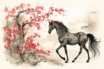 Obraz premium Image of black horse with pink cherry blossoms in ancient chinese style. Wildlife Animals. Nature. Illustration, Generative AI.