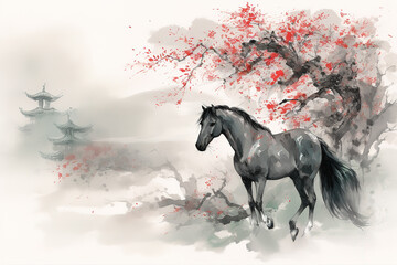 Image of black horse with pink cherry blossoms in ancient chinese style. Wildlife Animals. Nature. Illustration, Generative AI.
