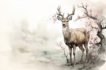 Image of deer with pink cherry blossoms in ancient chinese style. Wildlife Animals. Nature. Illustration, Generative AI.
