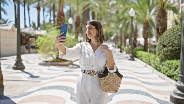 Young beautiful hispanic woman taking a selfie picture standing at city promenade
