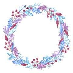 Fototapeta na wymiar Watercolor christmas frame made of different colored blue,burgundy,violet mistletoe, holly leaves and berries with copy space.New year xmas decoration