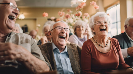 Group of senior friends laughing and having fun together in a retirement home