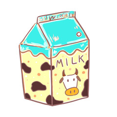 A carton of milk with cow cartoon symbol.