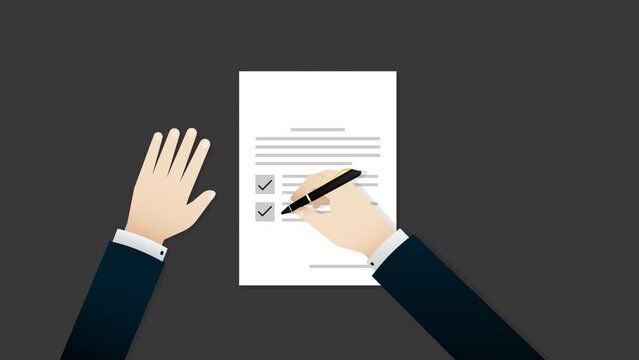 Animation of Businessman tick in the checkbox and signing and stamping on a Document form, transparent background, alpha channel included.