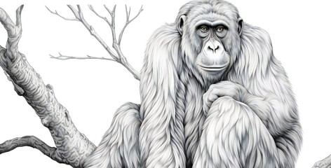 Gorilla in a tree with bare branches,  White background