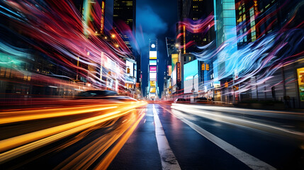 Fototapeta na wymiar Mesmerizing Time-lapse Photo Capturing Kinetic Energy of Bustling City Intersection at Night.