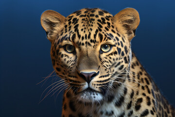 Close-up portrait of a leopard on a blue background - obrazy, fototapety, plakaty