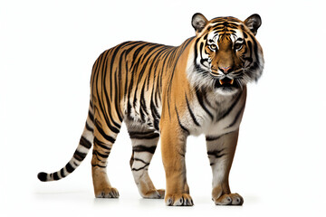 Tiger standing isolated on white background, front view, side view
