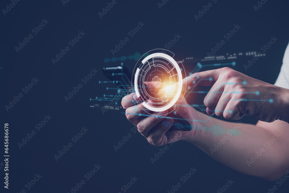 Aufkleber businessman scan fingerprint biometric identity and approval. secure access granted by valid fingerp