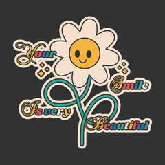Fototapeta premium Cartoon groovy stickers 70s . Cute retro flower characters. With text 