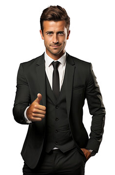 Isolated handsome confident man wearing a  black suit showing like with his hand or thumbs up, approved, positive feedback. , cutout on transparent background, ready for placement.