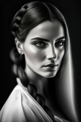 Ghost of young woman, black and white,realistic portrait, gorgeous face, long braided hair, 