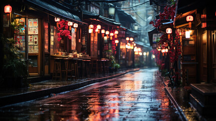 Obraz premium Narrow Alleyway Japan Empty Street Wet Stone Path at Evening