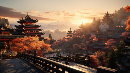 Ancient Chinese City of Zen Temples and Wooden Path Leads to Temple at Golden Hour - obrazy, fototapety, plakaty