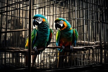 two blue and yellow macaw in cage