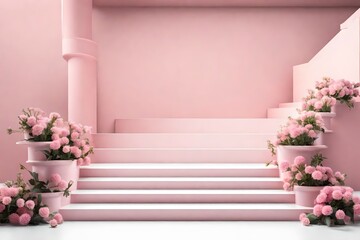 Stairway to Elegance: White Podium with Floral Accents on a Trendy Pink Background – Perfect for Your Advertising Needs
