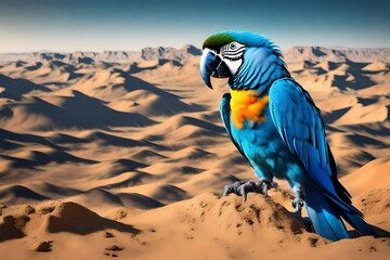 blue and yellow macaw in desert