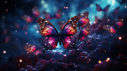 Different Flying Boho Butterflies With the Color Indigo and Crimson Wings - obrazy, fototapety, plakaty