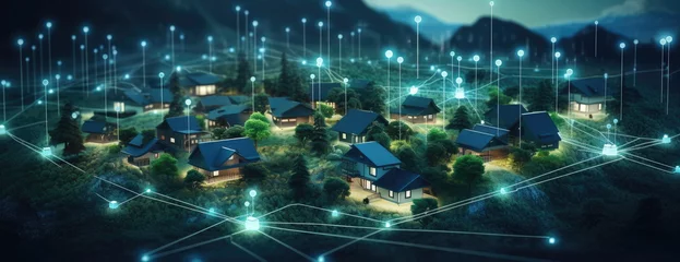 Fotobehang Sprawling green community with Digital smart city infrastructure and rapid data network. Digital city, smart society, smart homes, digital community. DX, IOT, digital network concept. © killykoon